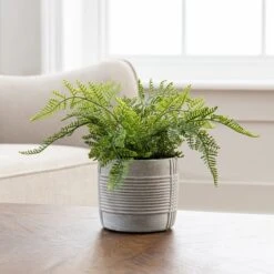 Artificial Green Fern In Grey Concrete Pot