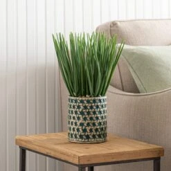 Artificial Sword Grass In Patterned Ceramic Plant Pot