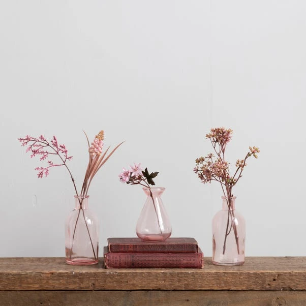 Set Of 3 Artificial Pretty Boho Stems In Pink Glass Vases