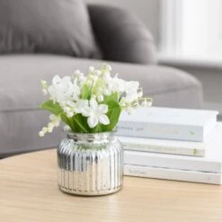Artificial Lily Of The Valley Bouquet In Silver Metallic Vase