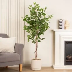 Artificial Ficus Tree In Cream Ribbed Cement Plant Pot