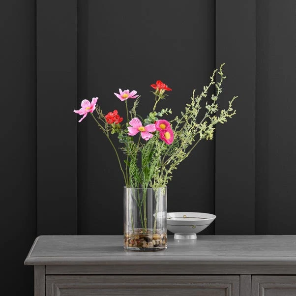 Artificial Pink And Red Wildflower Bouquet In Glass Vase