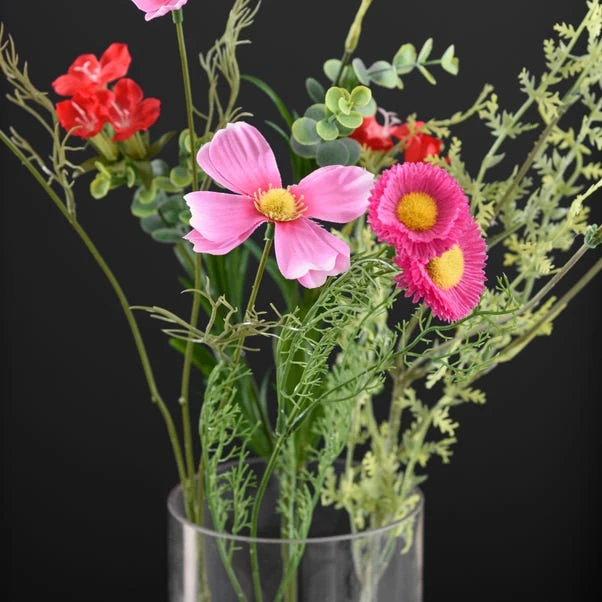 Artificial Pink And Red Wildflower Bouquet In Glass Vase - Image 2