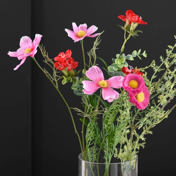 Artificial Pink And Red Wildflower Bouquet In Glass Vase - Image 3