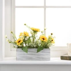 Artificial Sunflower Bouquet In Wooden Plant Pot