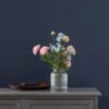 Artificial Pink & Blue Ranunculus Bouquet In Ribbed Glass Vase