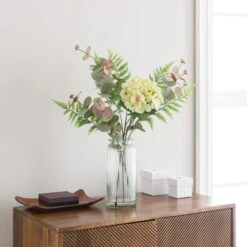 Artificial Green Hydrangea And Eucalyptus Bouquet In Ribbed Glass Vase