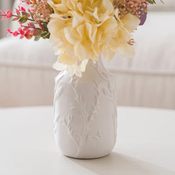 Artificial Hydrangea & Foliage Bouquet In Textured White Floral Vase - Image 4