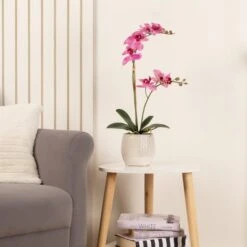 Artificial Pink Phalaenopsis Orchid In Textured Ceramic Plant Pot
