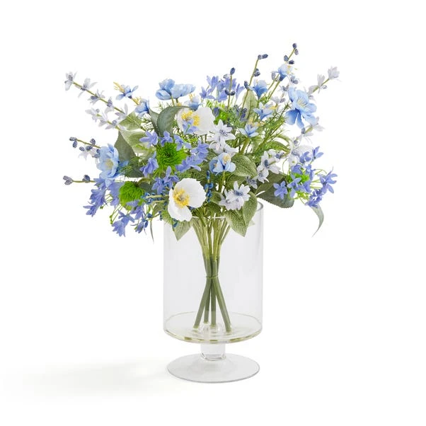 Artificial Blue Meadow Bouquet In Ribbed Glass Footed Vase - Image 3