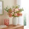 Artificial Pink Florals & Foliage Bouquet In Ribbed Ceramic Vase