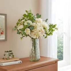 Artificial Peony Bouquet In Textured Glass Vase