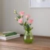 Artificial Pink Lisianthus In Green Glass Vase