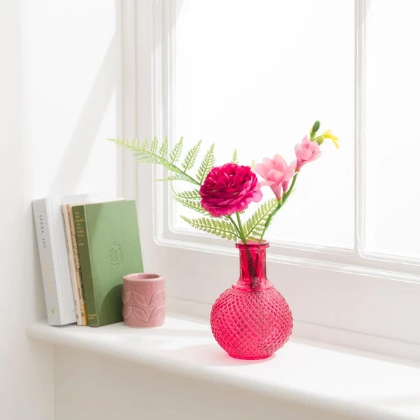 Artificial Pink Floral Arrangement In Textured Glass Vase