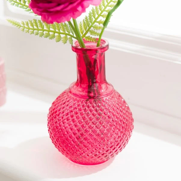 Artificial Pink Floral Arrangement In Textured Glass Vase - Image 4