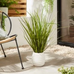 Artificial Green Grass In Rigid White Ceramic Plant Pot