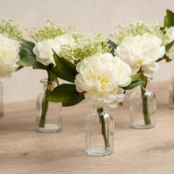 Set Of 6 Artificial Posies In Glass Vases