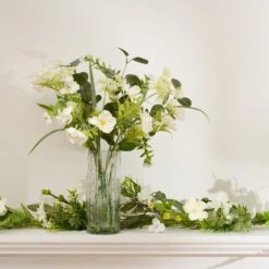 Artificial White Floral & Eucalyptus Arrangement In Glass Vase